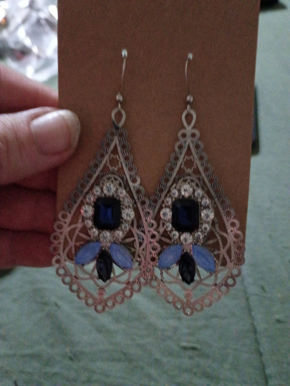 Silver Filigree Drop Earrings with Blue and Navy Stones